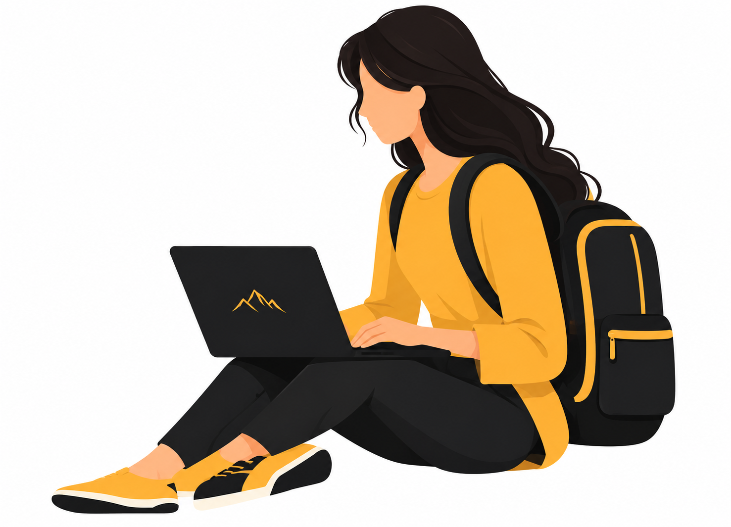 Hiker with a gold backpack checking her booking on a laptop